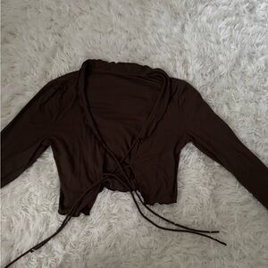 Brown Crop Tie Front Blouse